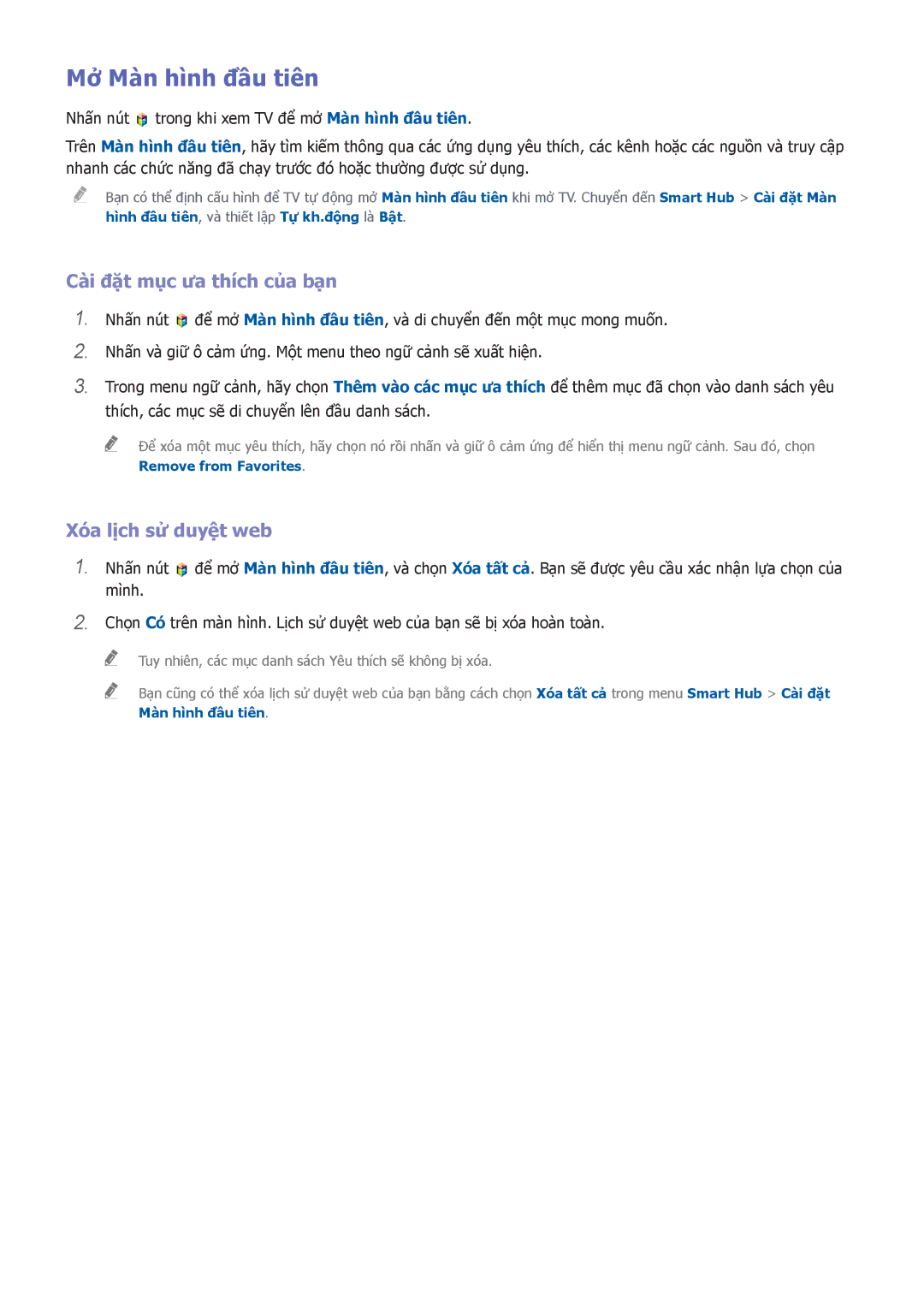 Samsung UA40H5510AKXXV, UA40H5552AKXXV manual Mở Màn hình đầu tiên, Cài đặt mục ưa thích của bạn, Xóa lịch sử duyệt web 