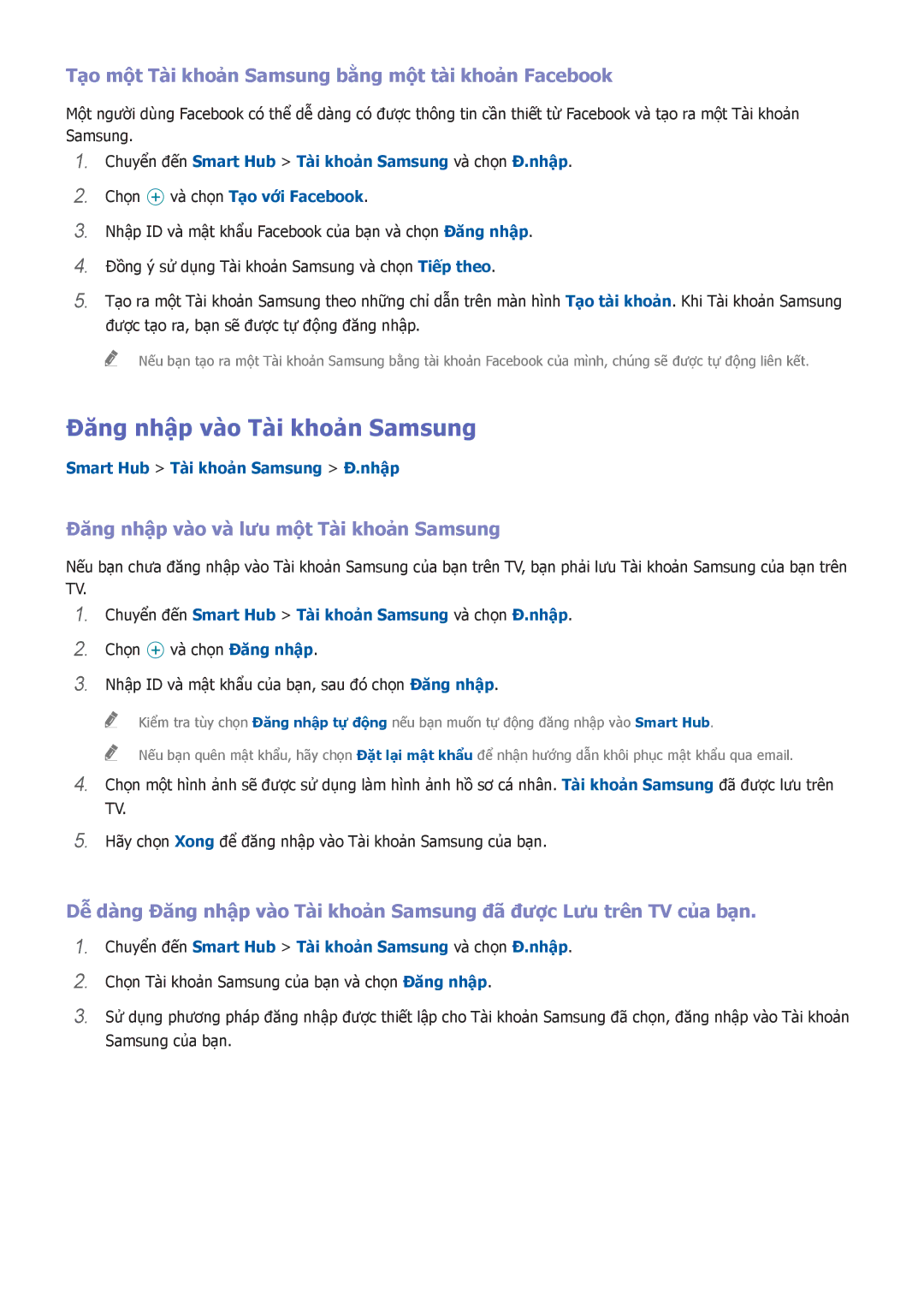 Samsung UA40H5562AKXXV manual Đăng nhập vào Tài khoản Samsung, Tạo một Tài khoản Samsung bằng một tài khoản Facebook 