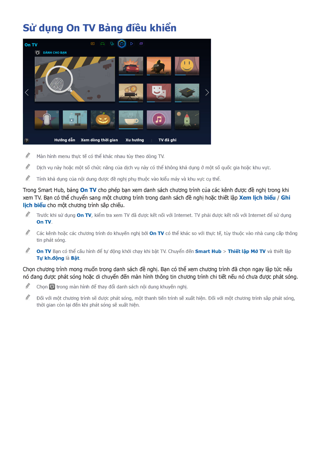 Samsung UA65H7000AKXXV, UA40H5552AKXXV, UA48H6300AKXXV, UA40H5510AKXXV, UA32H5500AKXXV manual Sử dụng On TV Bảng điều khiển 