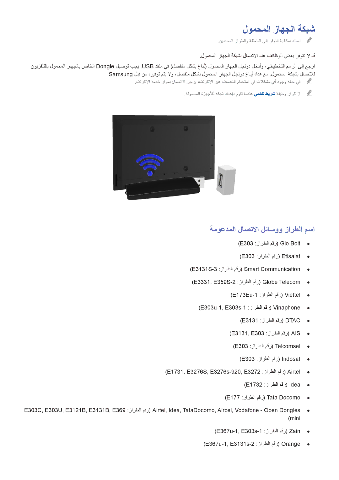 Samsung UA60H6300ARXSK, UA40HU7000RXSK, UA48H6400ARXSK manual لومحملا زاهجلا ةكبش, ةموعدملا لاصتلاا لئاسوو زارطلا مسا 