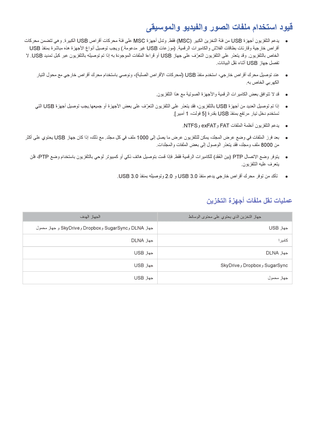 Samsung UA55HU7000RXEG, UA40HU7000RXSK manual ىقيسوملاو ويديفلاو روصلا تافلم مادختسا دويق, نيزختلا ةزهجأ تافلم لقن تايلمع 