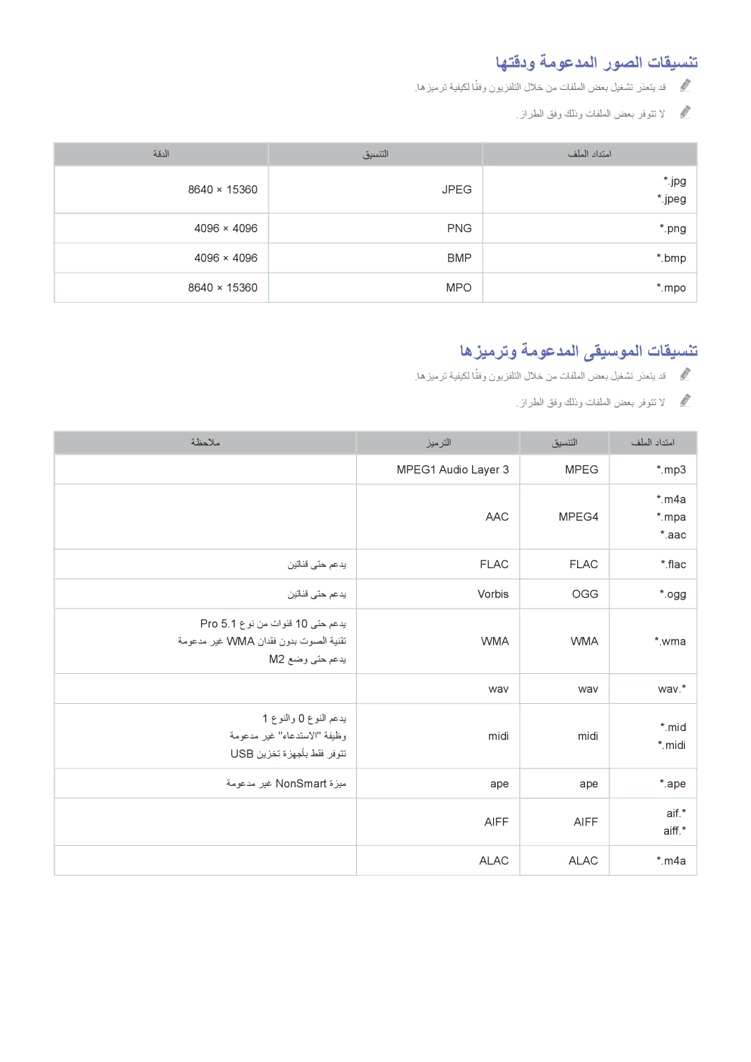 Samsung UA55HU7000RXZN, UA40HU7000RXSK, UA55HU7200RXSK اهتقدو ةموعدملا روصلا تاقيسنت, اهزيمرتو ةموعدملا ىقيسوملا تاقيسنت 