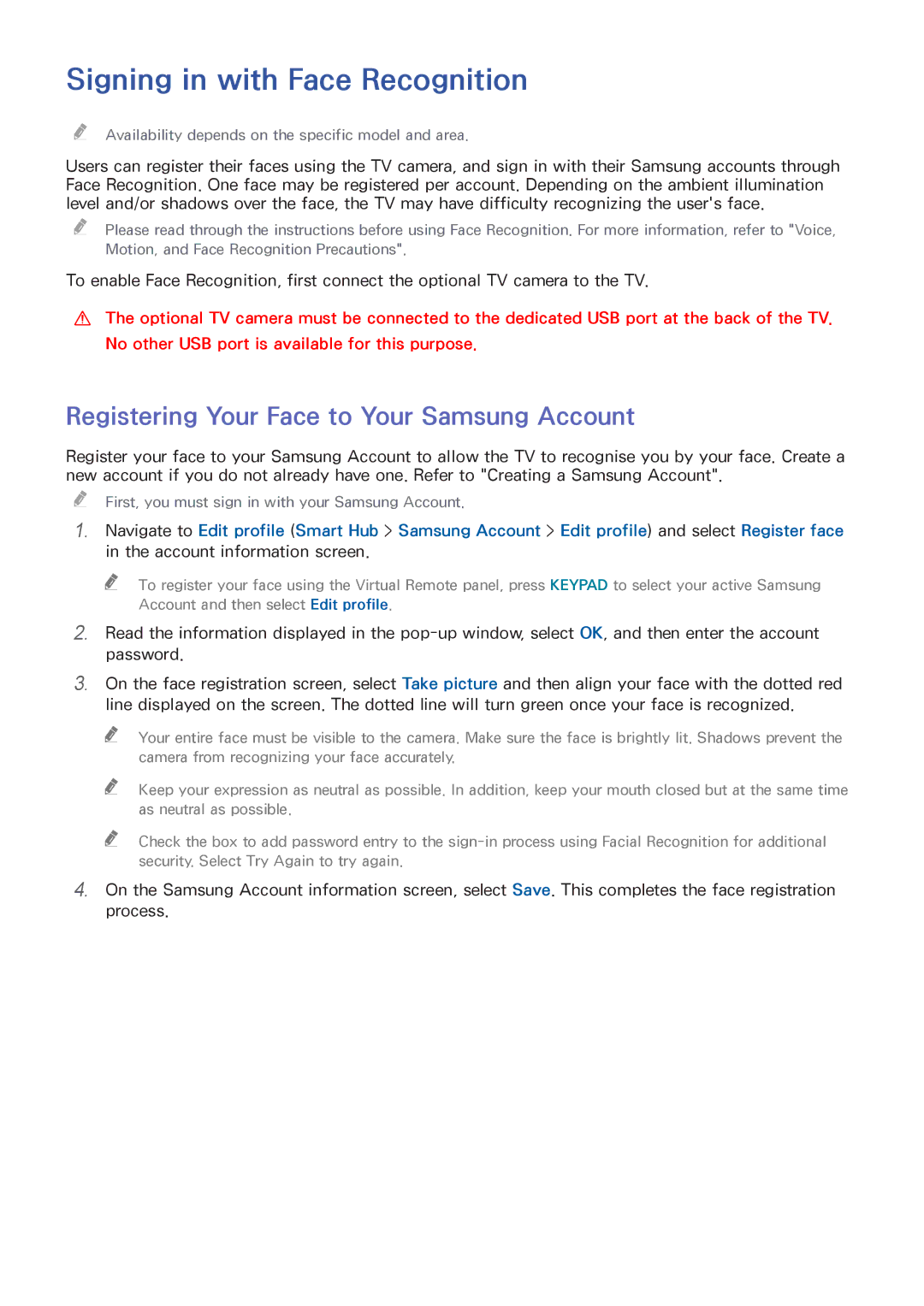 Samsung UA65HU8500RXUM, UA40HU7000RXSK Signing in with Face Recognition, Registering Your Face to Your Samsung Account 