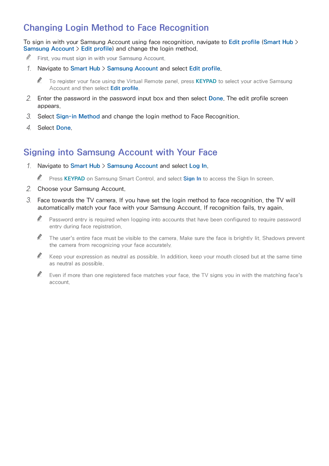 Samsung UA48HU8500RXEG manual Changing Login Method to Face Recognition, Signing into Samsung Account with Your Face 