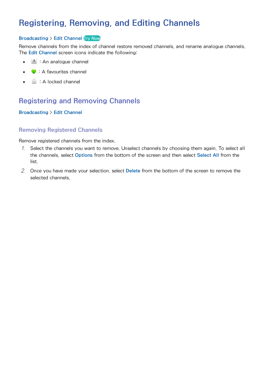 Samsung UA55HU7200RXEG, UA40HU7000RXSK manual Registering, Removing, and Editing Channels, Registering and Removing Channels 