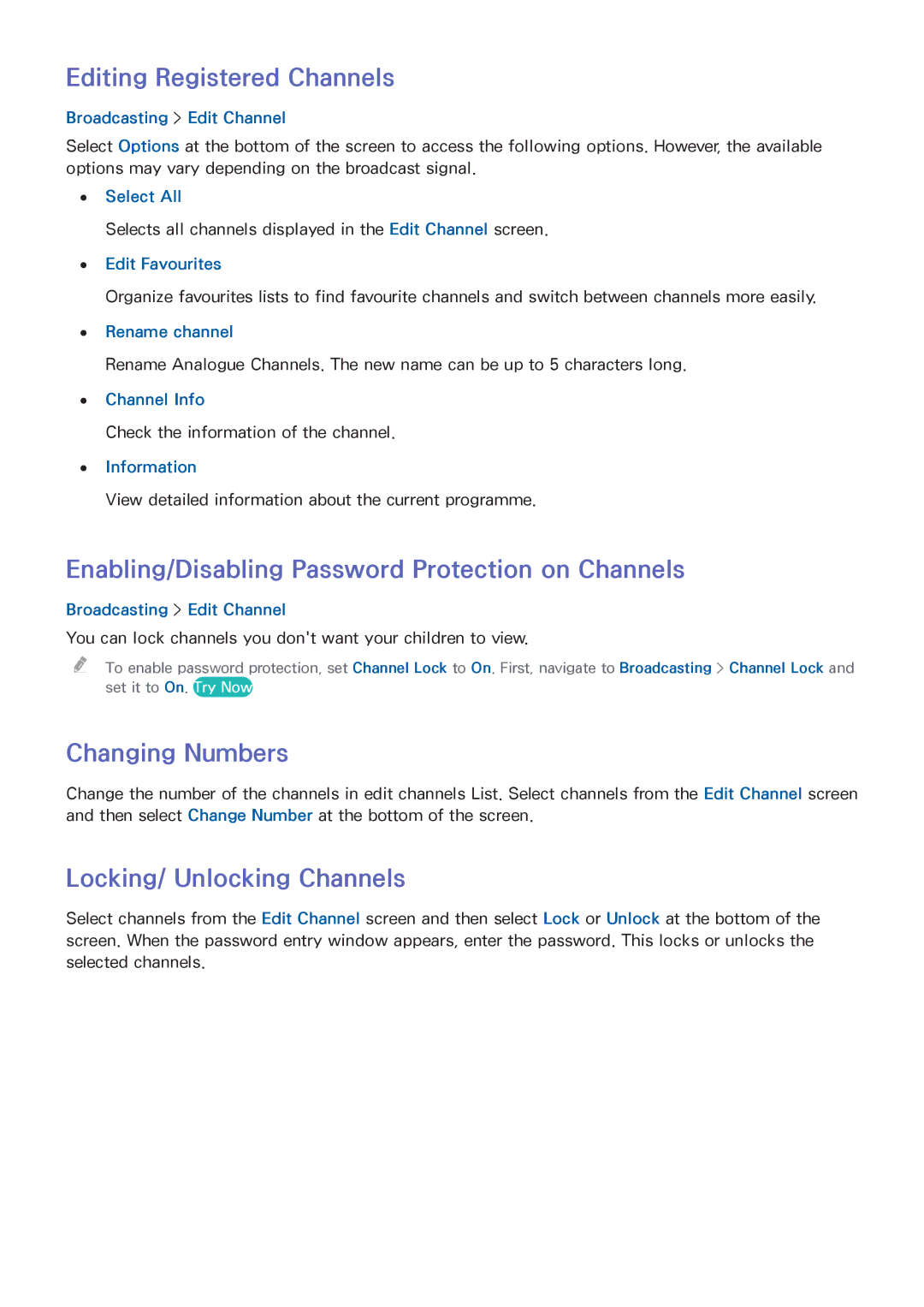 Samsung UA65HU8500RXZN Editing Registered Channels, Enabling/Disabling Password Protection on Channels, Changing Numbers 