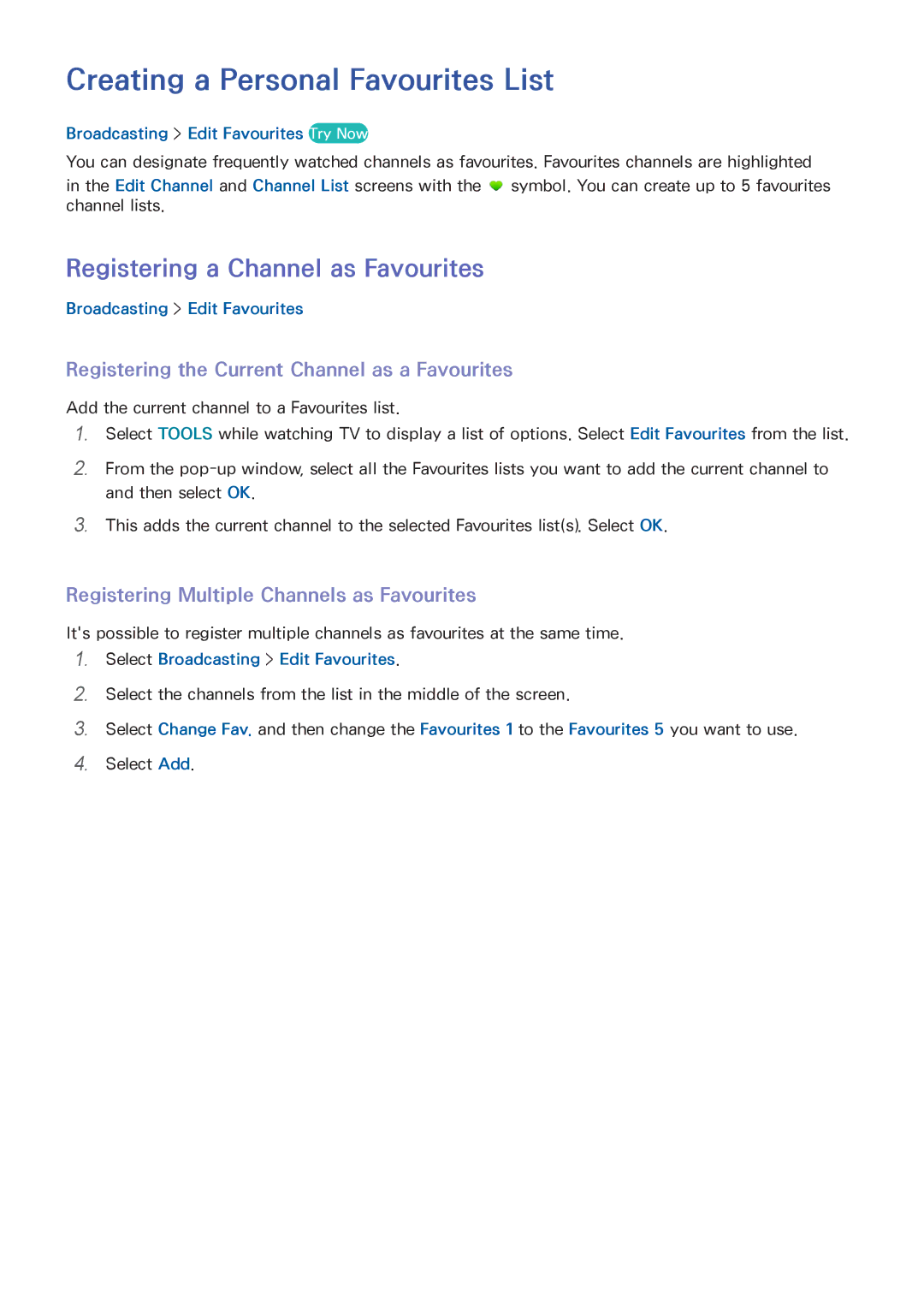 Samsung UA65HU8500RXEG, UA40HU7000RXSK manual Creating a Personal Favourites List, Registering a Channel as Favourites 
