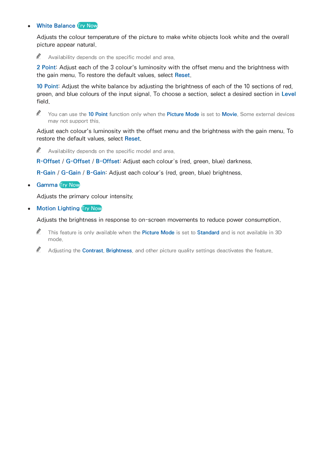Samsung UA65HU8700RXUM, UA40HU7000RXSK, UA55HU7200RXSK, UA65HU7200RXSK manual White Balance Try Now, Motion Lighting Try Now 