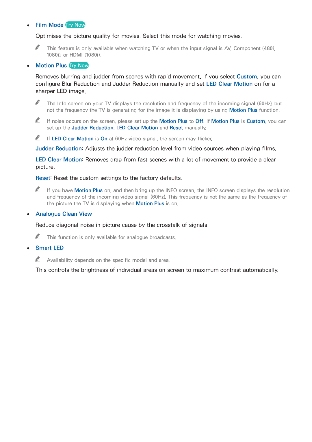 Samsung UA55HU7200RXSK, UA40HU7000RXSK manual Film Mode Try Now, Motion Plus Try Now, Analogue Clean View, Smart LED 