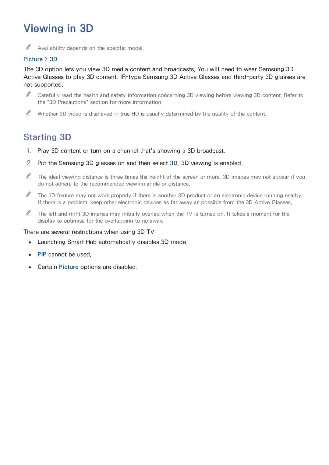 Samsung UA65HU7200RXSK, UA40HU7000RXSK, UA55HU7200RXSK, UA55HU8500RXSK, UA50HU7000RXSK Viewing in 3D, Starting 3D, Picture 3D 