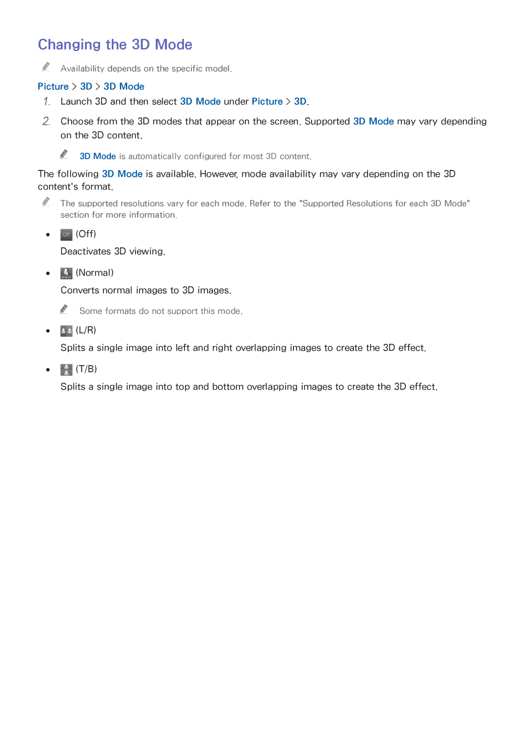 Samsung UA55HU8500RXSK, UA40HU7000RXSK, UA55HU7200RXSK, UA65HU7200RXSK manual Changing the 3D Mode, Picture 3D 3D Mode 