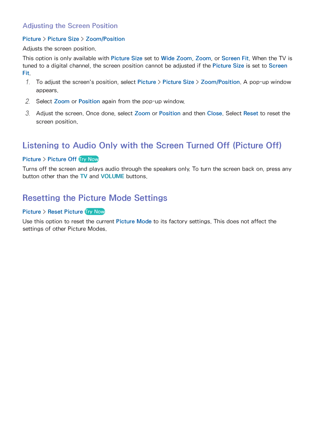 Samsung UA55HU7200RXZN Resetting the Picture Mode Settings, Adjusting the Screen Position, Picture Picture Off Try Now 