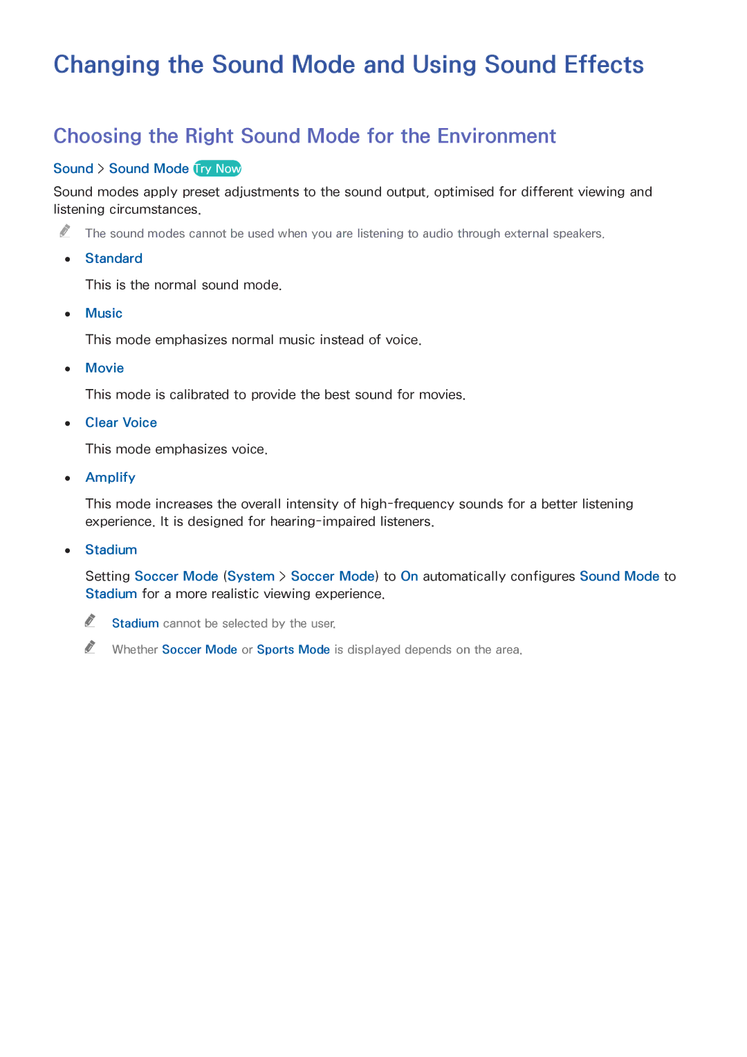 Samsung UA55HU8500RXEG Changing the Sound Mode and Using Sound Effects, Choosing the Right Sound Mode for the Environment 