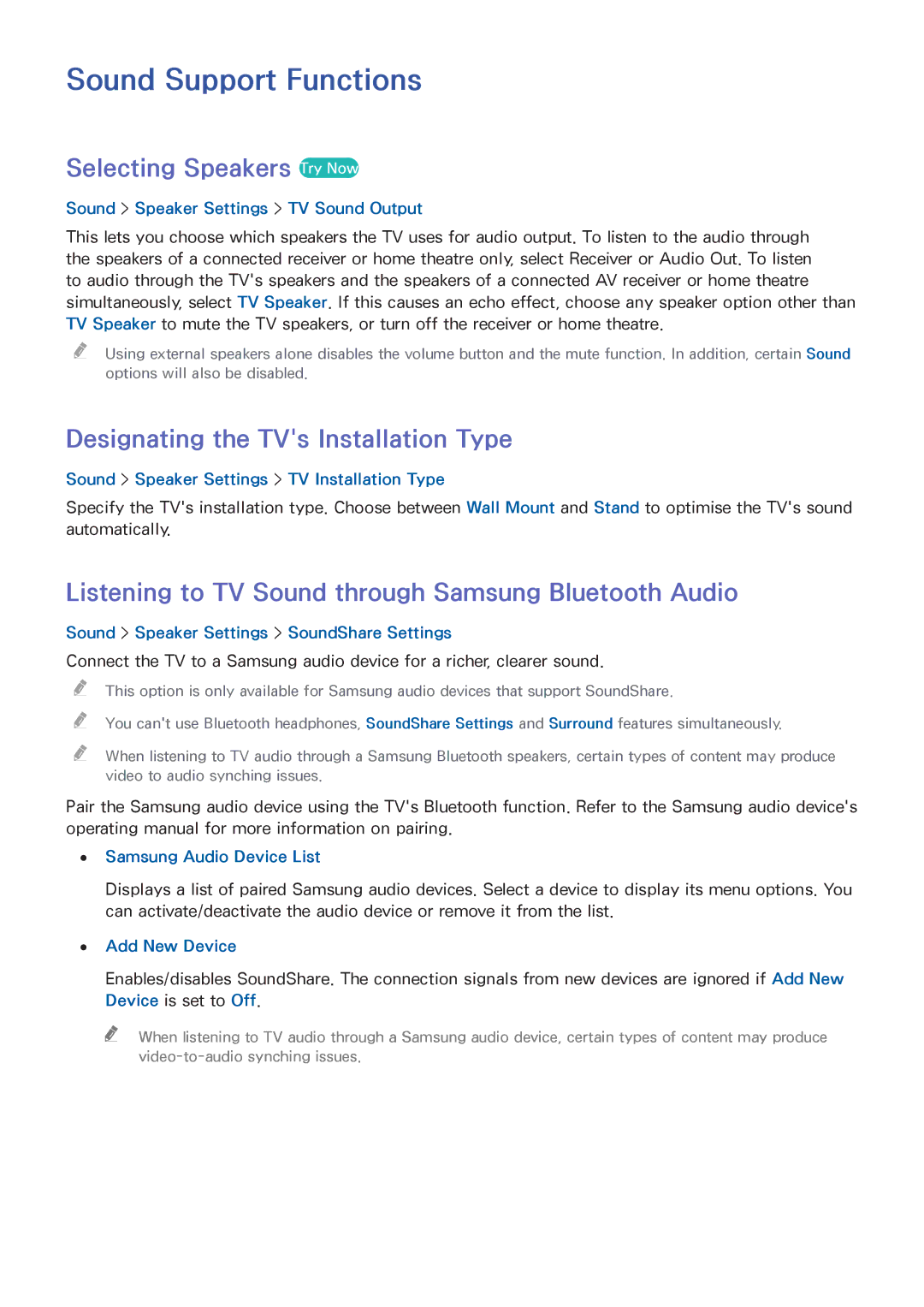 Samsung UA65HU8700RXZN manual Sound Support Functions, Selecting Speakers Try Now, Designating the TVs Installation Type 