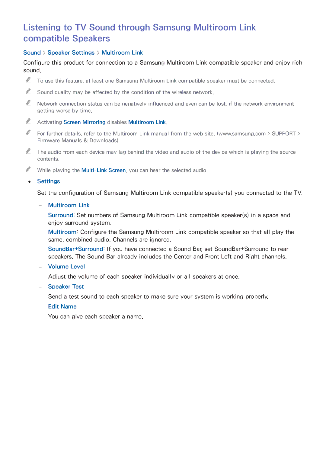 Samsung UA65HU7200RXUM, UA40HU7000RXSK manual Sound Speaker Settings Multiroom Link, Volume Level, Speaker Test, Edit Name 