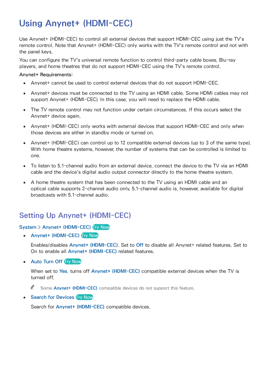 Samsung UA55HU7200RXUM manual Using Anynet+ HDMI-CEC, Setting Up Anynet+ HDMI-CEC, System Anynet+ HDMI-CEC Try Now 