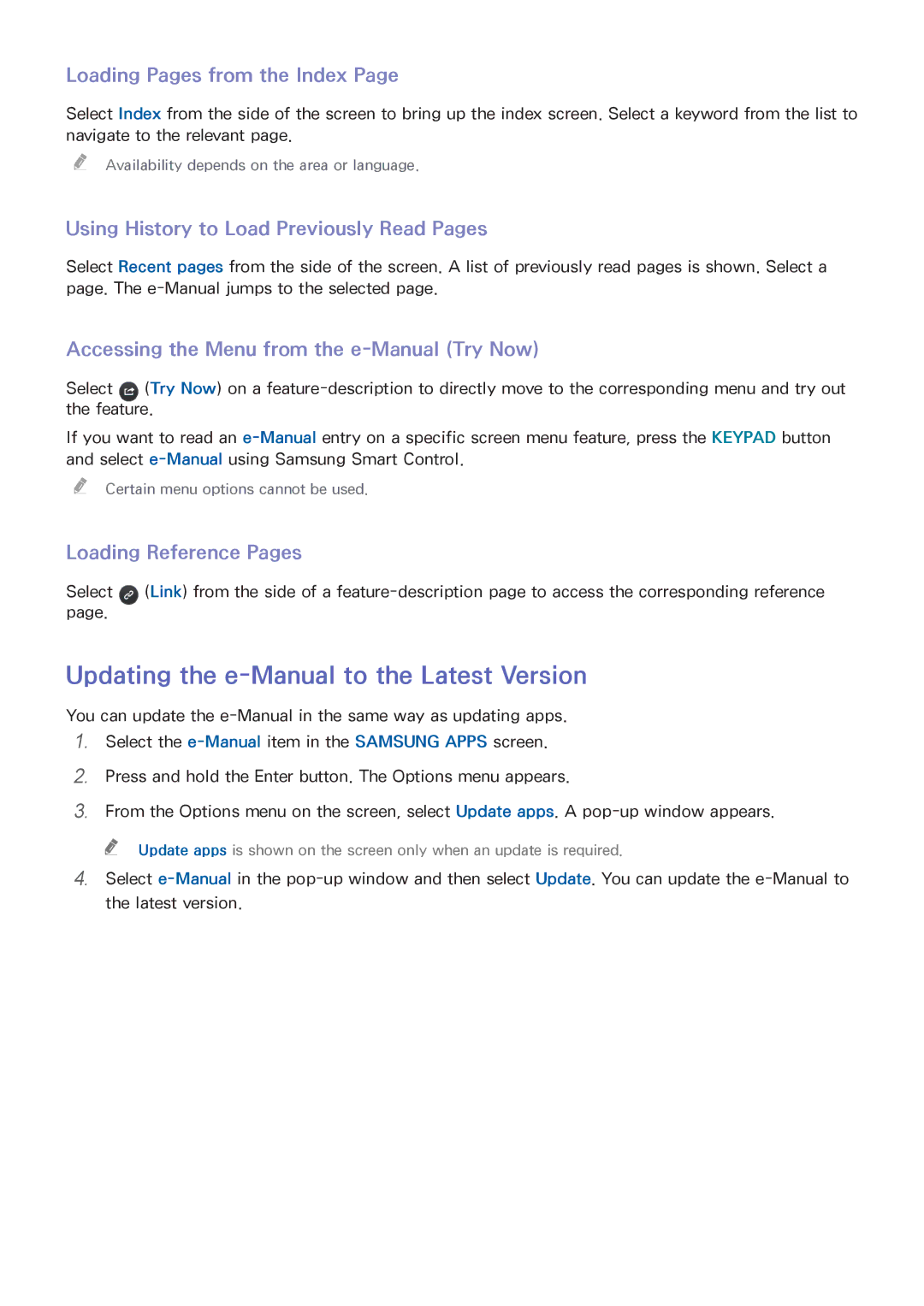 Samsung UA48HU8500RXEG Updating the e-Manual to the Latest Version, Loading Pages from the Index, Loading Reference Pages 