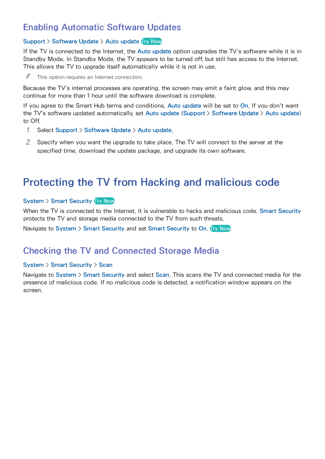 Samsung UA55HU7000RXMM manual Protecting the TV from Hacking and malicious code, Enabling Automatic Software Updates 