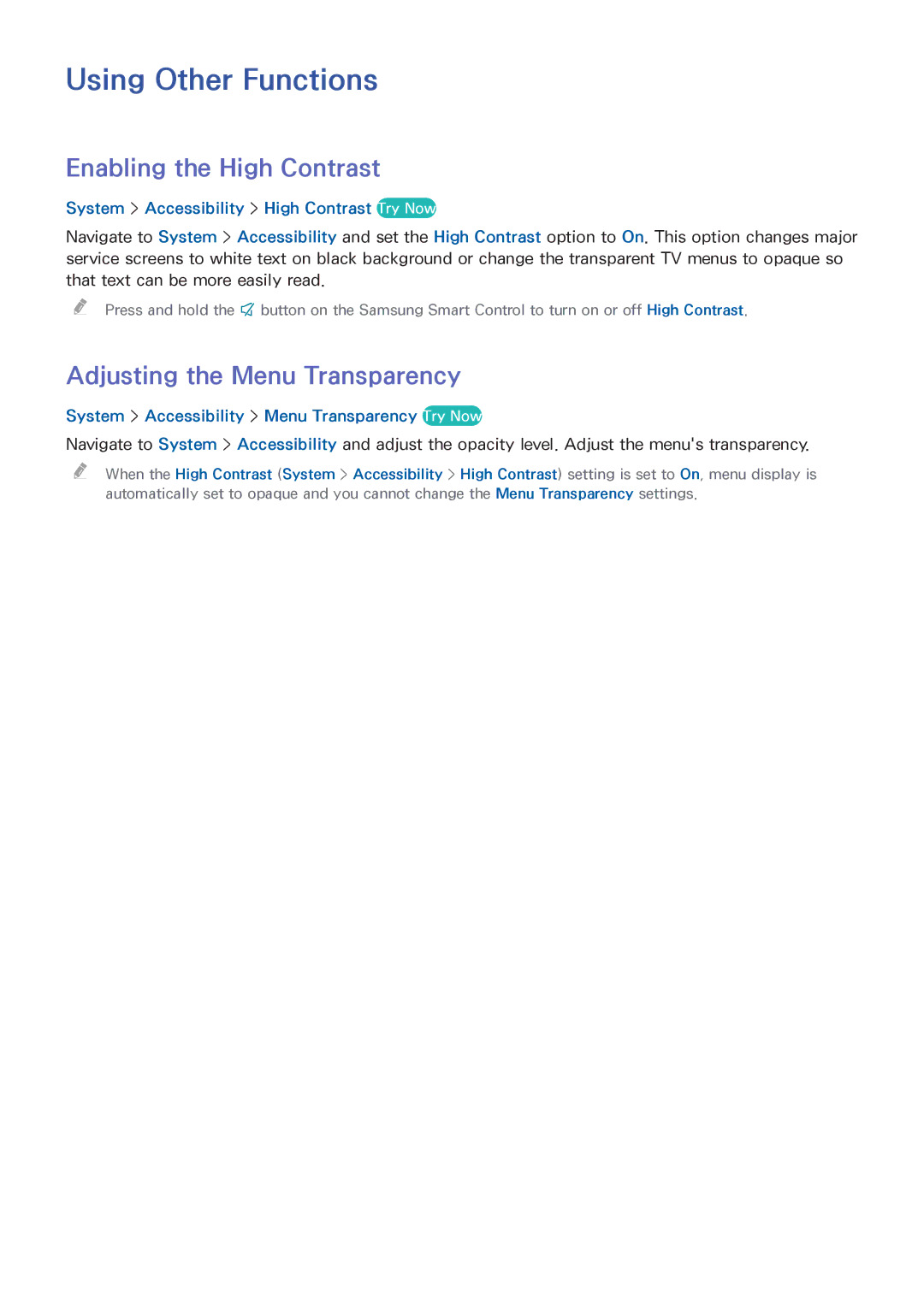 Samsung UA55HU7200RXEG, UA40HU7000RXSK Using Other Functions, Enabling the High Contrast, Adjusting the Menu Transparency 