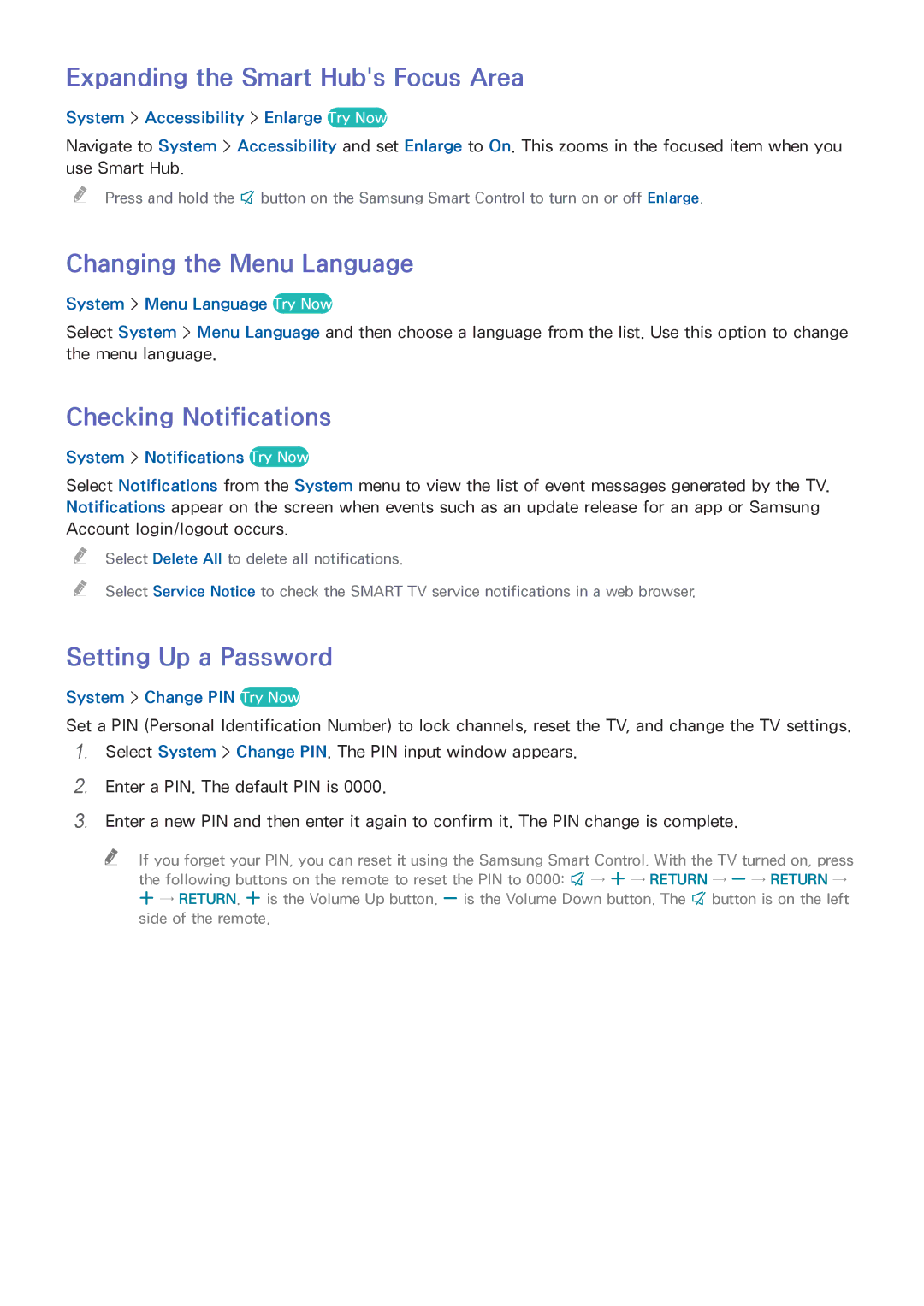 Samsung UA65HU8500RXZN manual Expanding the Smart Hubs Focus Area, Changing the Menu Language, Checking Notifications 