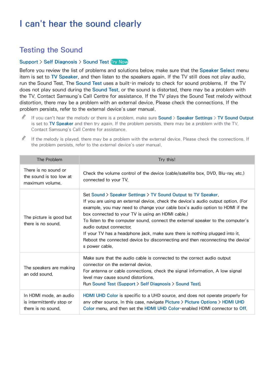 Samsung UA65HU8700RXUM manual Cant hear the sound clearly, Testing the Sound, Support Self Diagnosis Sound Test Try Now 