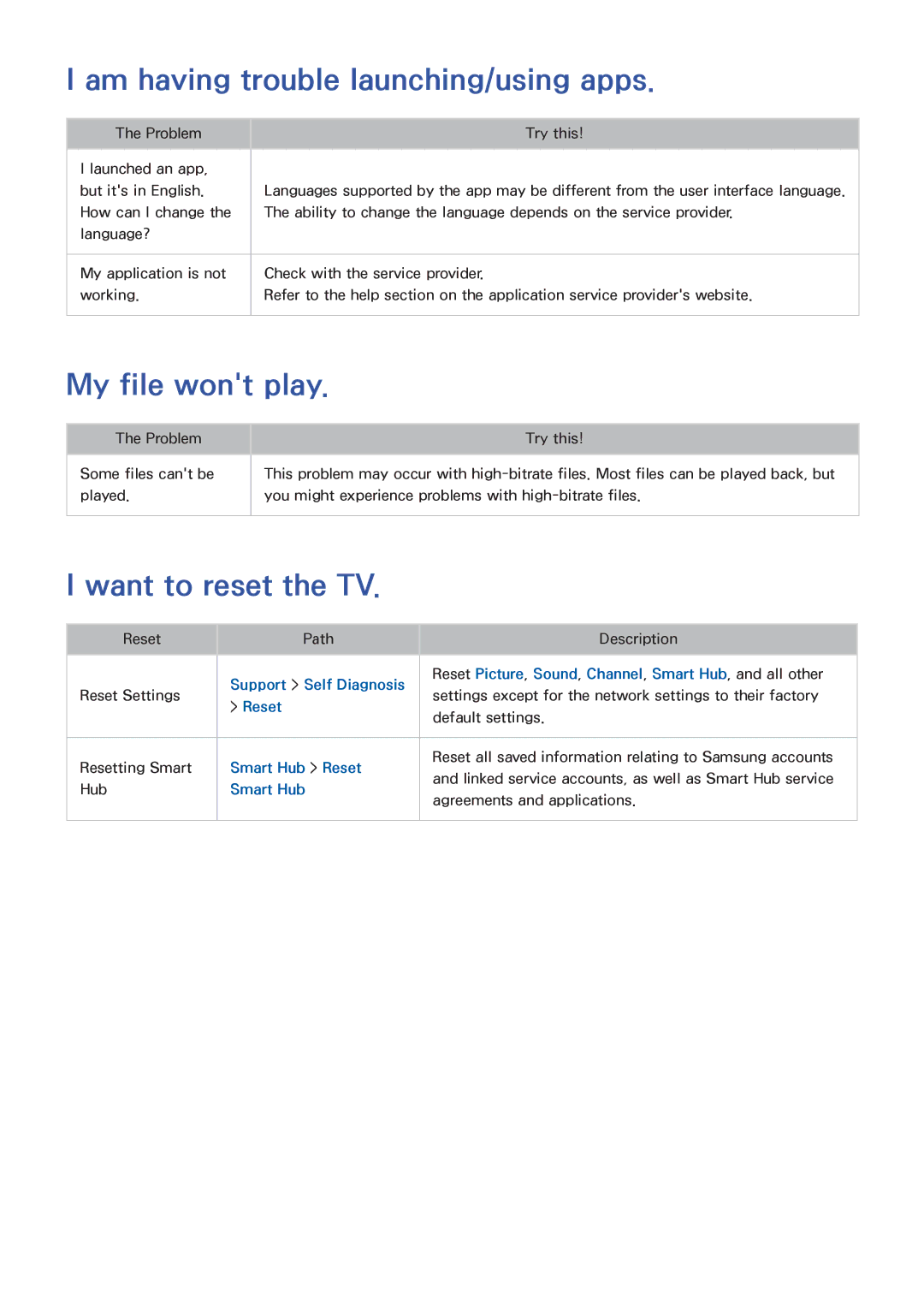 Samsung UA65HU7200RXSK, UA40HU7000RXSK Am having trouble launching/using apps, My file wont play, Want to reset the TV 