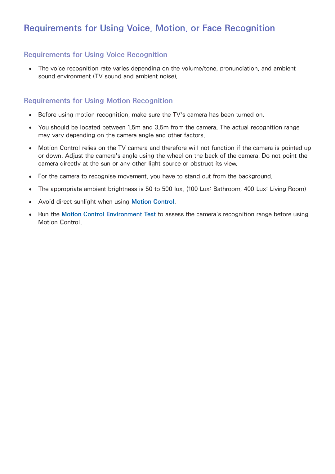 Samsung UA65HU8500RXMM Requirements for Using Voice, Motion, or Face Recognition, Requirements for Using Voice Recognition 