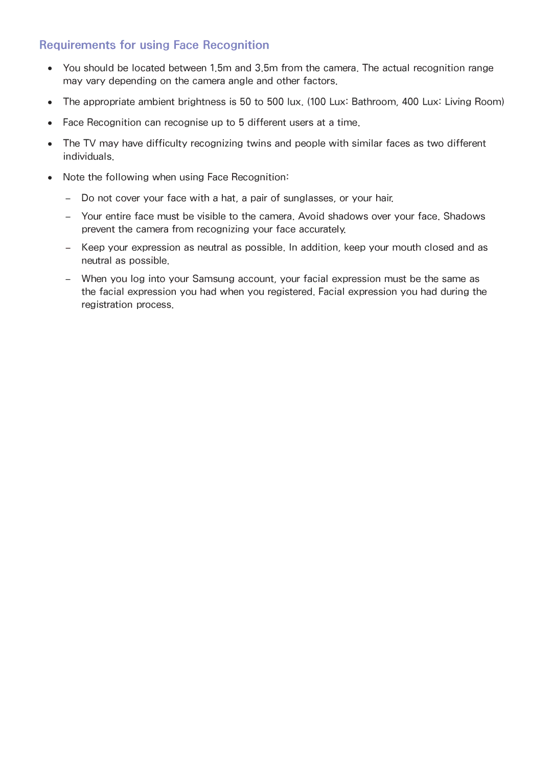 Samsung UA85HU8500RXUM, UA40HU7000RXSK, UA55HU7200RXSK, UA65HU7200RXSK manual Requirements for using Face Recognition 