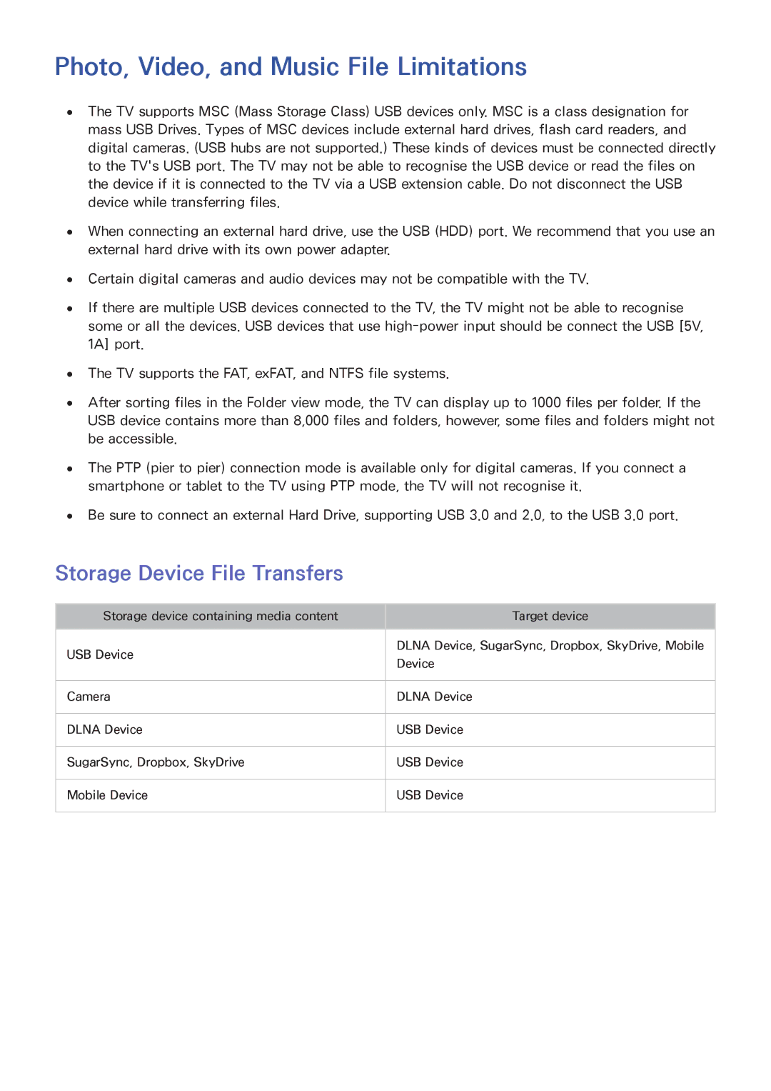 Samsung UA55HU8500RXMM, UA40HU7000RXSK manual Photo, Video, and Music File Limitations, Storage Device File Transfers 