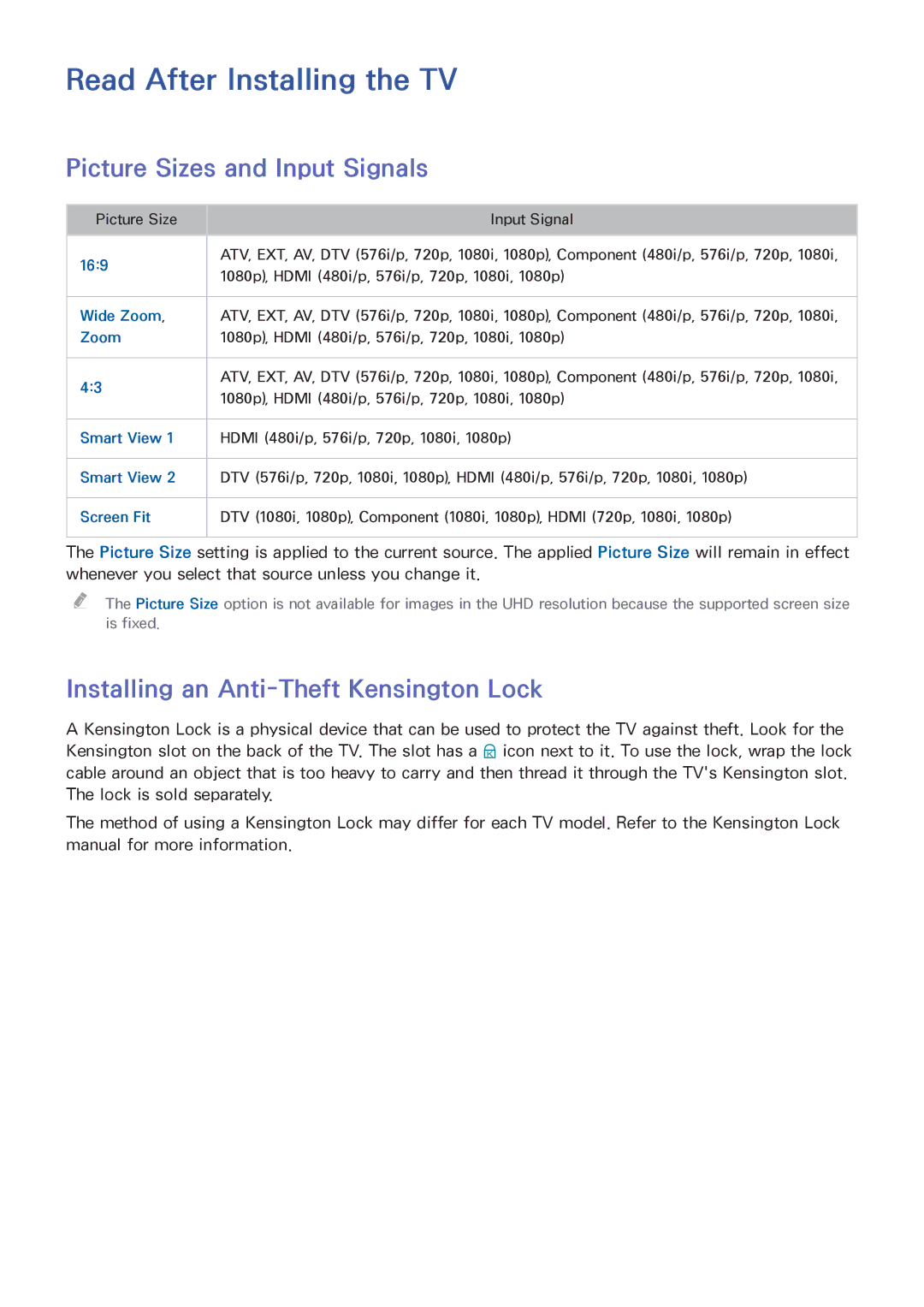 Samsung UA55HU7000RXEG, UA40HU7000RXSK, UA55HU7200RXSK manual Read After Installing the TV, Picture Sizes and Input Signals 