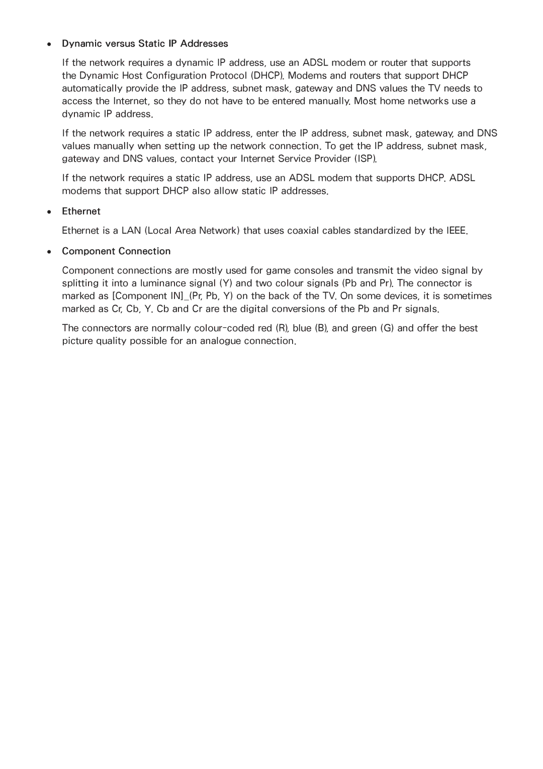 Samsung UA55HU8500RXZN, UA40HU7000RXSK, UA55HU7200RXSK Dynamic versus Static IP Addresses, Ethernet, Component Connection 