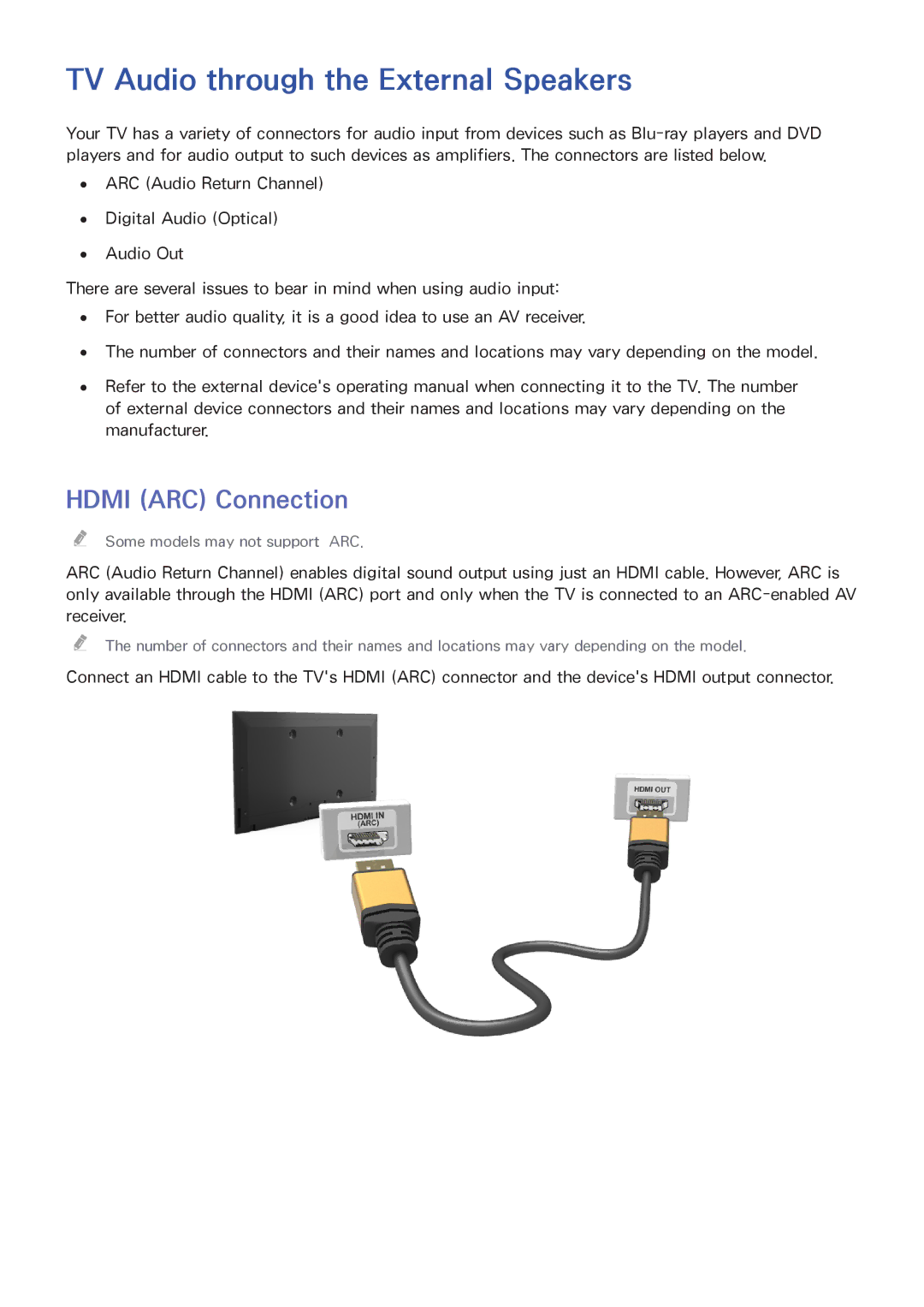 Samsung UA48HU8500RXEG, UA40HU7000RXSK, UA55HU7200RXSK manual TV Audio through the External Speakers, Hdmi ARC Connection 