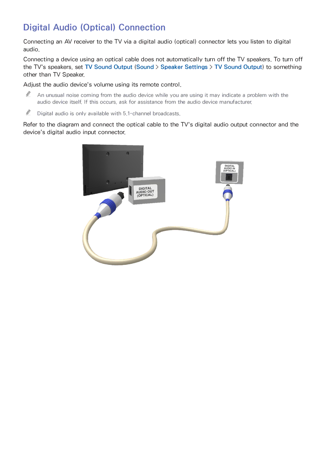 Samsung UA55HU7000RXEG, UA40HU7000RXSK, UA55HU7200RXSK, UA65HU7200RXSK, UA55HU8500RXSK manual Digital Audio Optical Connection 