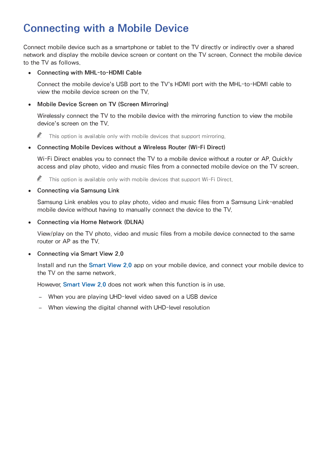 Samsung UA48HU8500RXUM manual Connecting with a Mobile Device, Connecting with MHL-to-HDMI Cable, Connecting via Smart View 