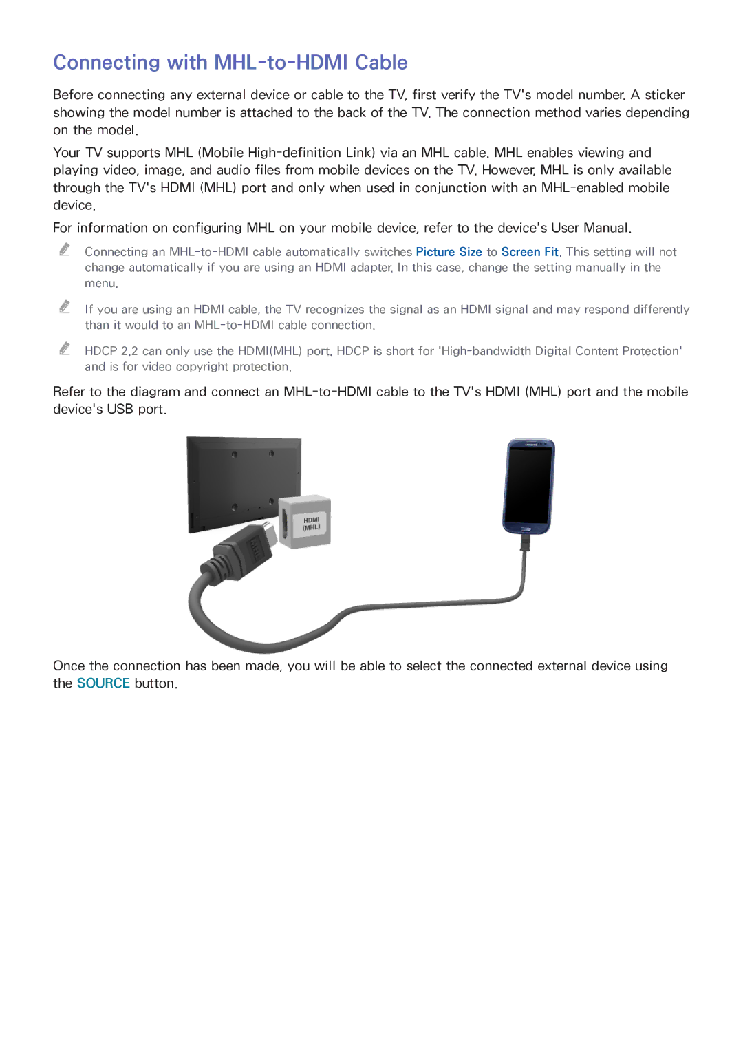 Samsung UA48HU8500RXZN, UA40HU7000RXSK, UA55HU7200RXSK, UA65HU7200RXSK, UA55HU8500RXSK manual Connecting with MHL-to-HDMI Cable 