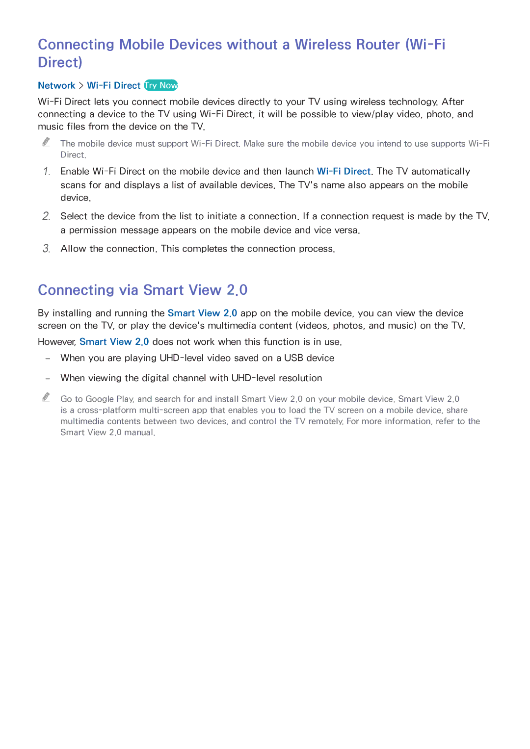 Samsung UA55HU8500RXZN, UA40HU7000RXSK, UA55HU7200RXSK manual Connecting via Smart View, Network Wi-Fi Direct Try Now 