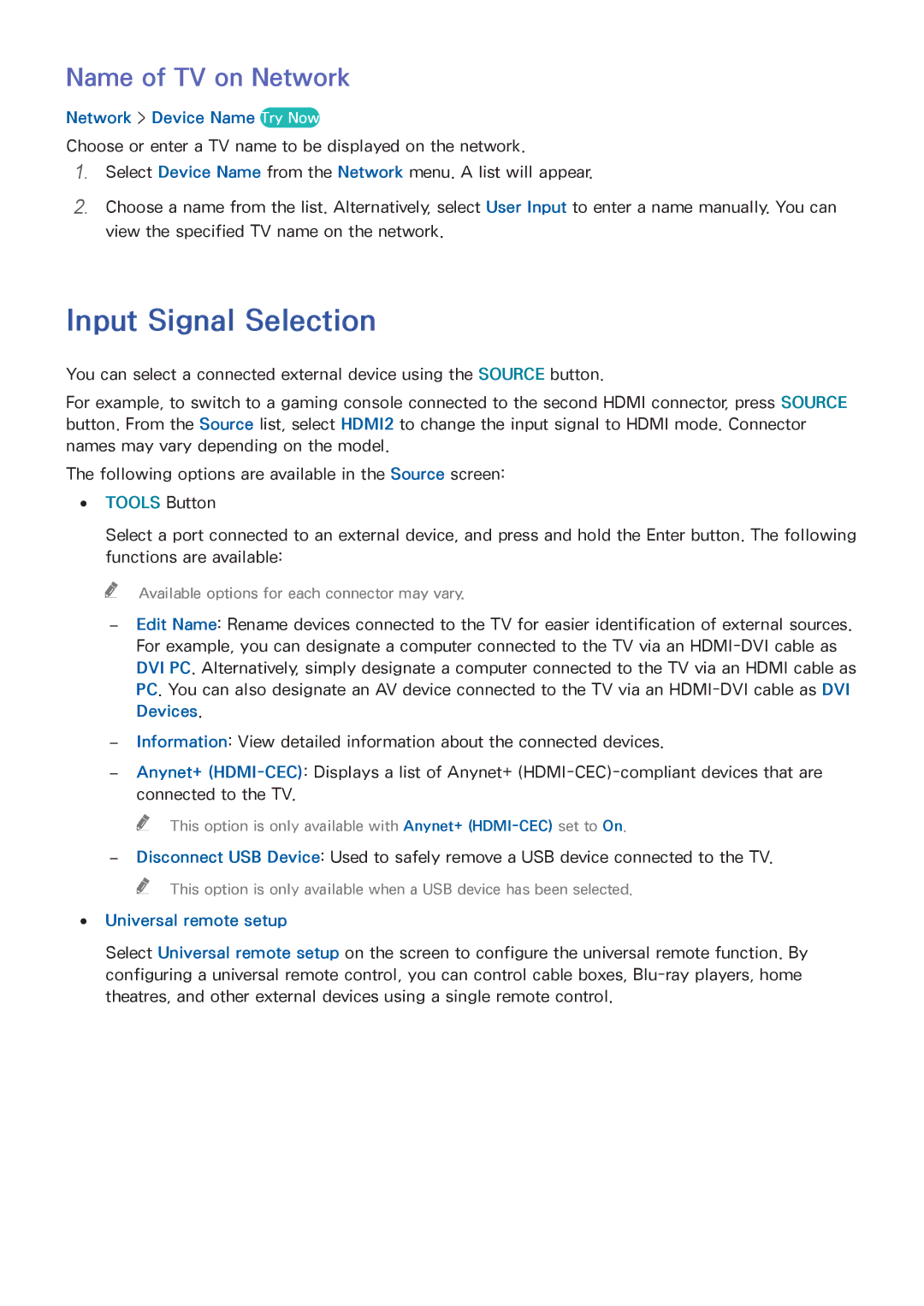 Samsung UA50HU7000RXUM Input Signal Selection, Name of TV on Network, Network Device Name Try Now, Universal remote setup 