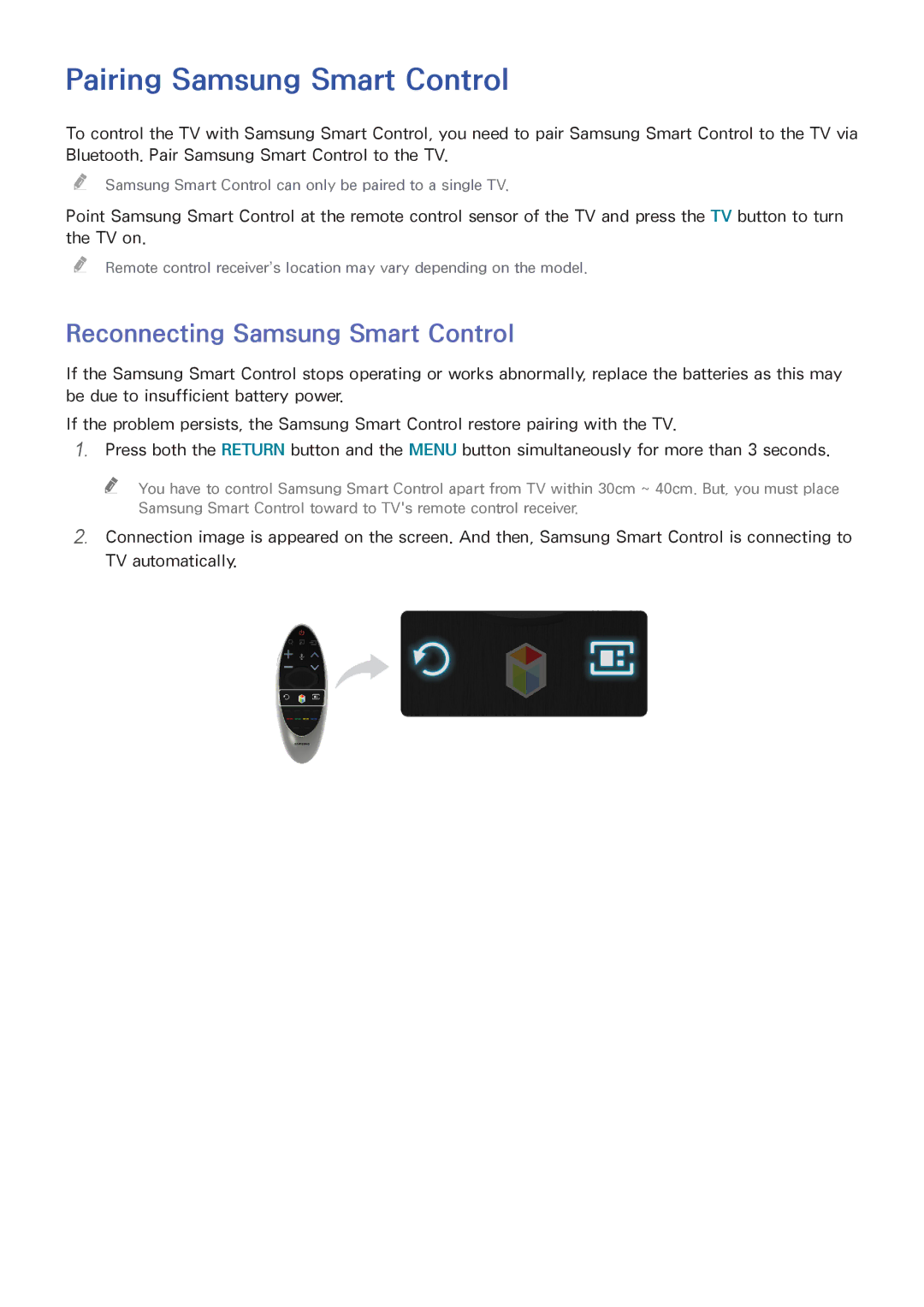 Samsung UA40HU7000RXUM, UA40HU7000RXSK, UA55HU7200RXSK Pairing Samsung Smart Control, Reconnecting Samsung Smart Control 