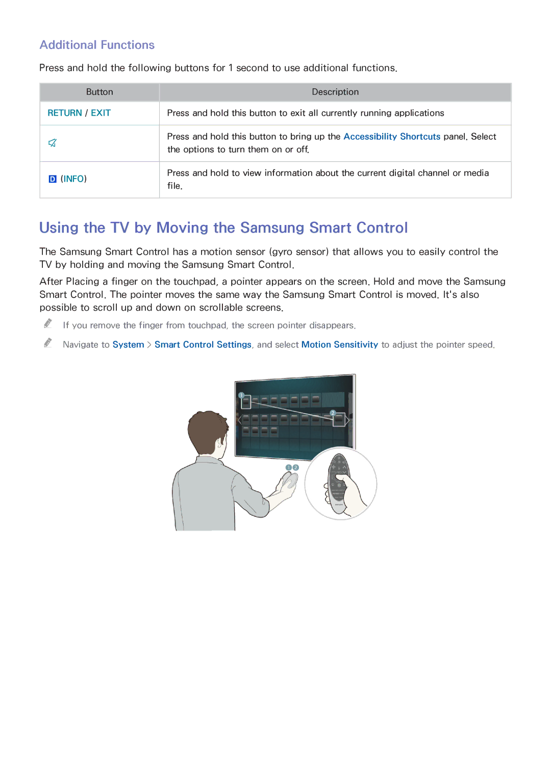 Samsung UA55HU8700RXZN, UA40HU7000RXSK manual Using the TV by Moving the Samsung Smart Control, Additional Functions 