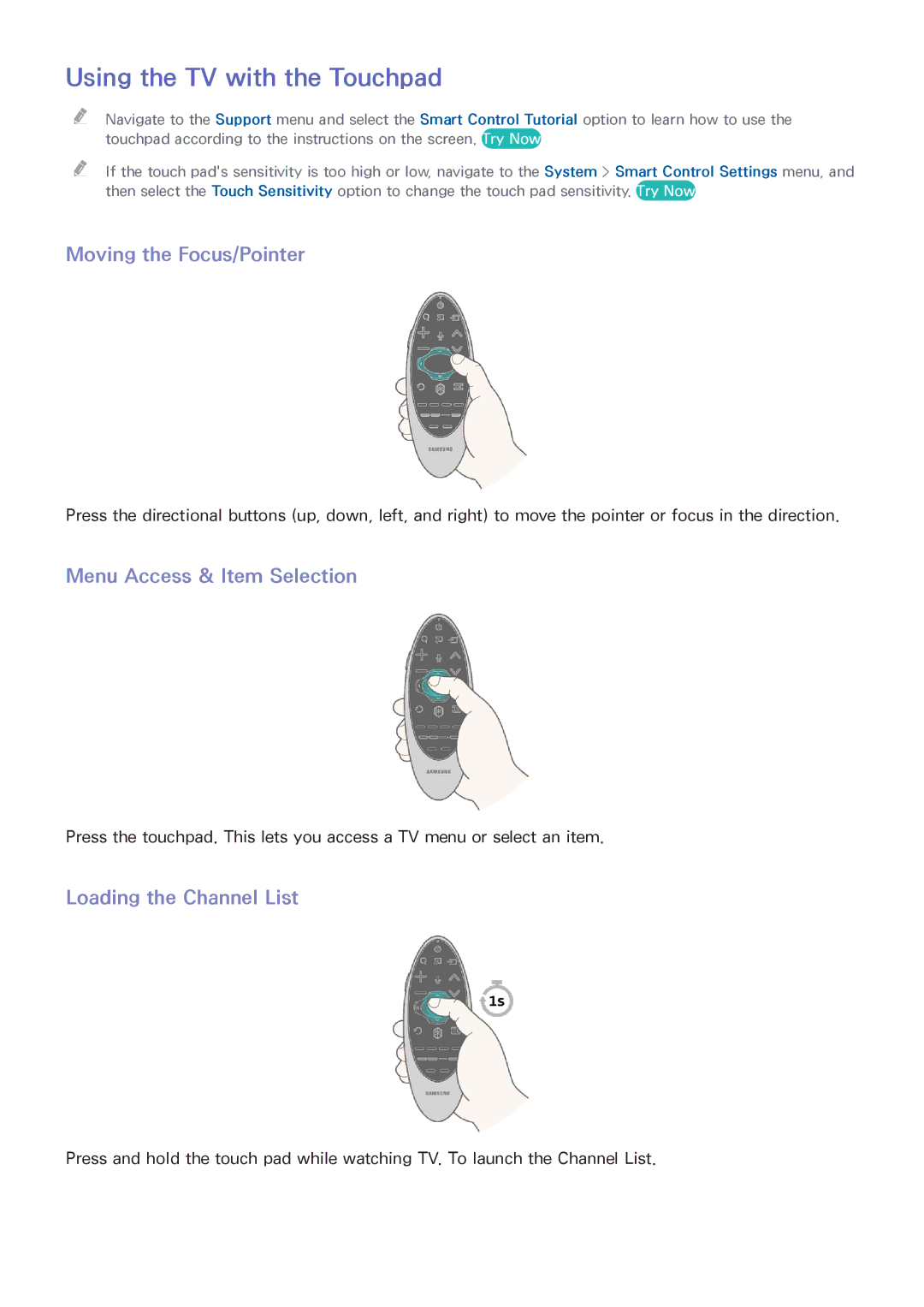 Samsung UA65HU8700RXUM manual Using the TV with the Touchpad, Moving the Focus/Pointer, Menu Access & Item Selection 