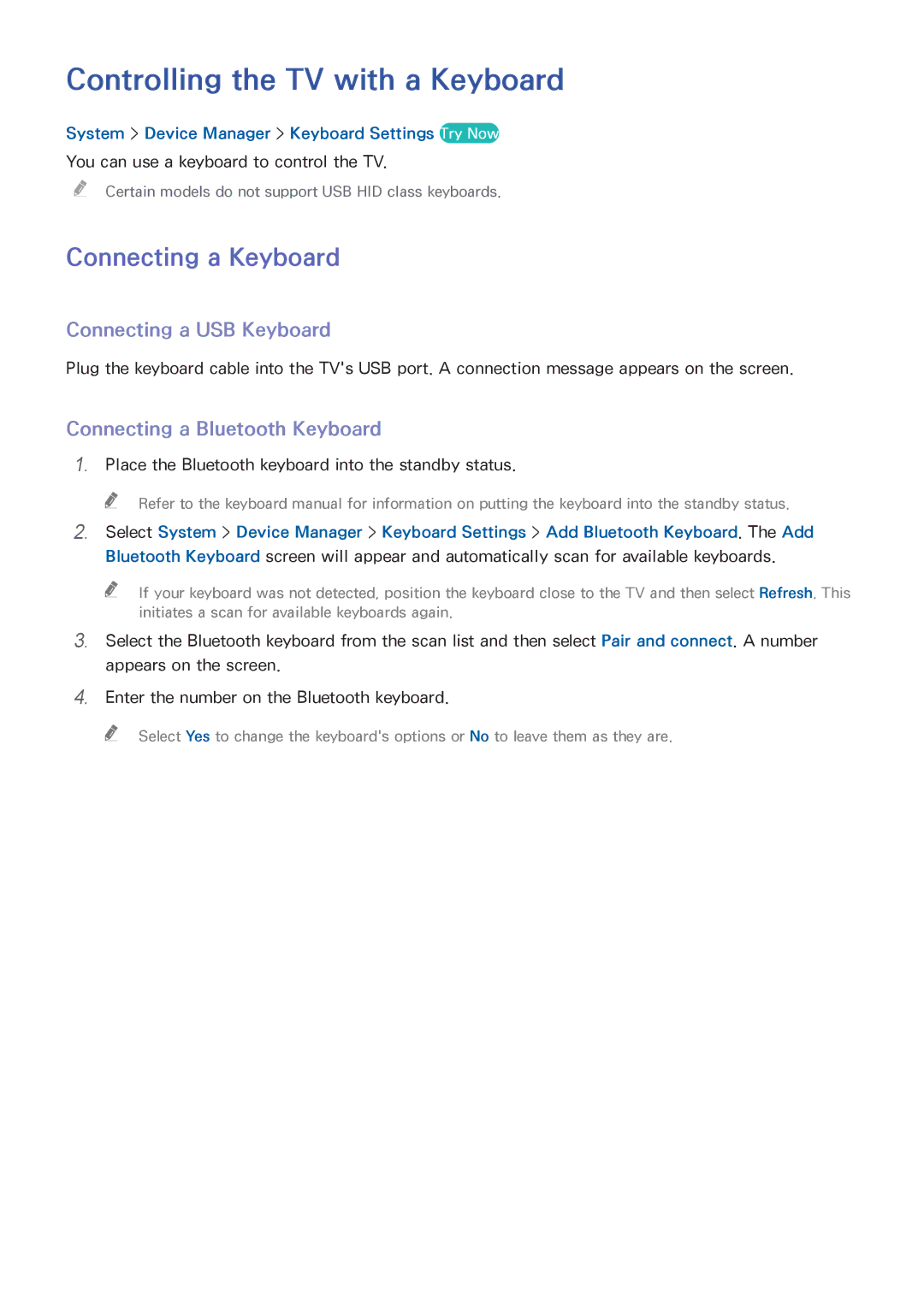 Samsung UA55HU7000RXSK manual Controlling the TV with a Keyboard, Connecting a Keyboard, Connecting a USB Keyboard 