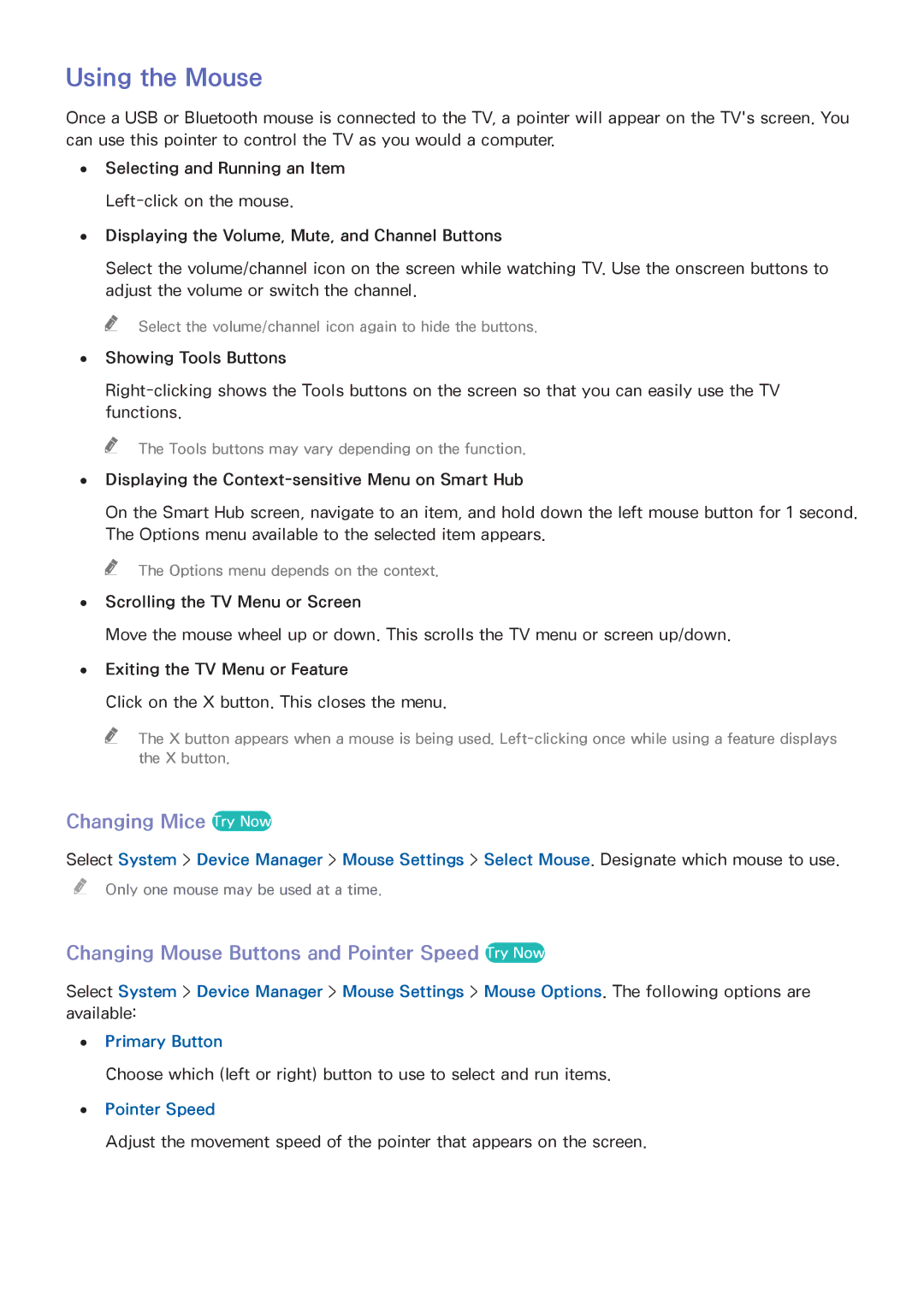 Samsung UA55HU8500RXEG manual Using the Mouse, Changing Mice Try Now, Changing Mouse Buttons and Pointer Speed Try Now 