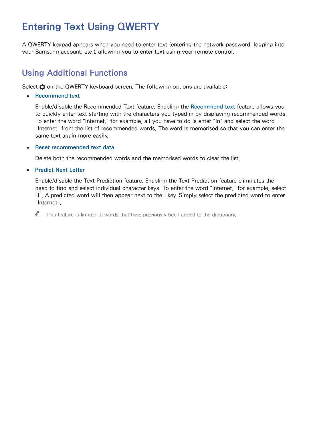 Samsung UA65HU7200RXZN Entering Text Using Qwerty, Using Additional Functions, Recommend text, Reset recommended text data 