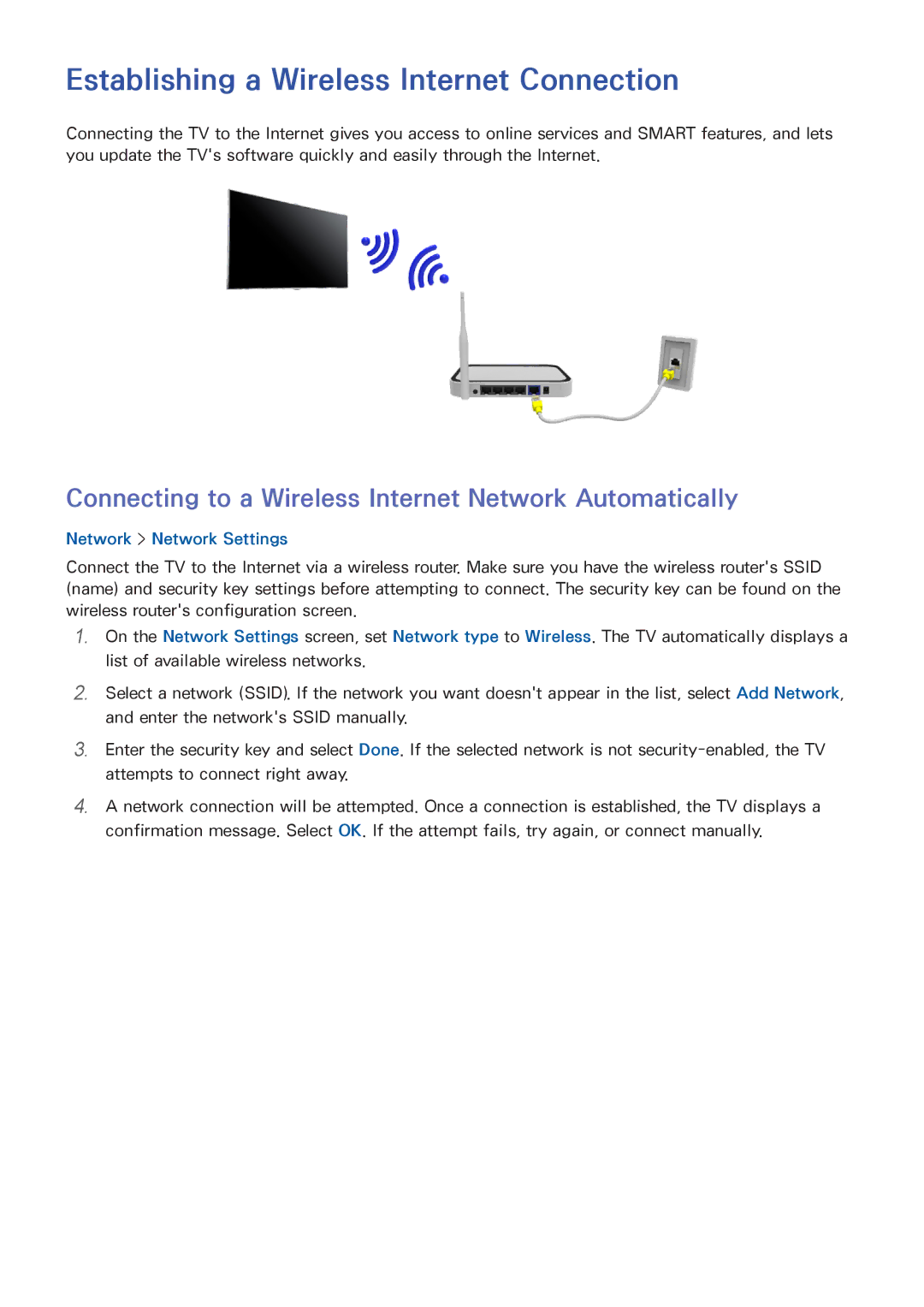 Samsung UA65HU8500RXMM, UA40HU7000RXSK, UA55HU7200RXSK, UA65HU7200RXSK manual Establishing a Wireless Internet Connection 