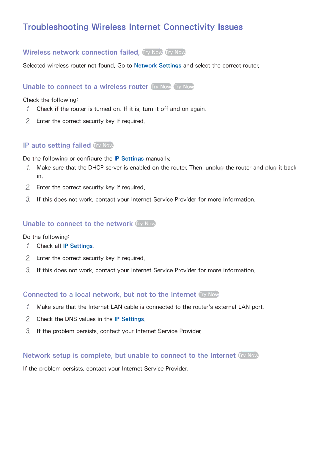 Samsung UA50HU7000RXZN, UA40HU7000RXSK, UA55HU7200RXSK, UA65HU7200RXSK Troubleshooting Wireless Internet Connectivity Issues 