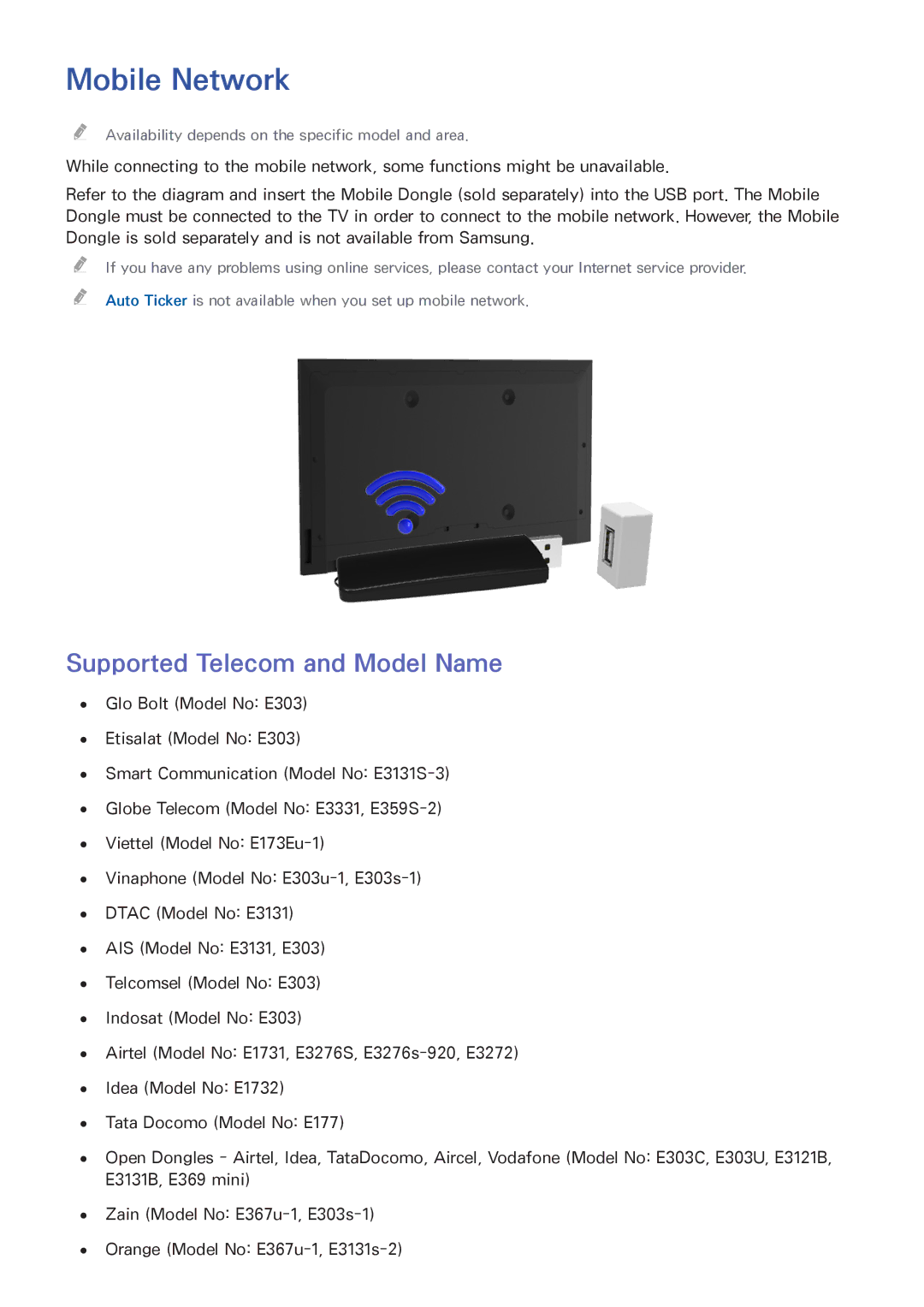 Samsung UA55HU8500RXMM, UA40HU7000RXSK, UA55HU7200RXSK, UA65HU7200RXSK manual Mobile Network, Supported Telecom and Model Name 