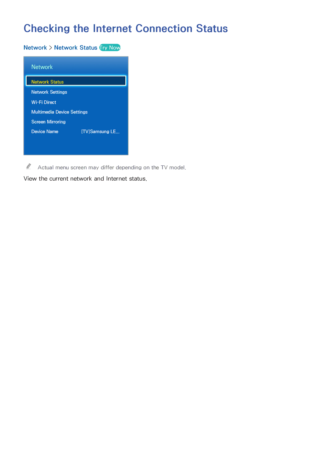 Samsung UA55HU7200RXUM, UA40HU7000RXSK manual Checking the Internet Connection Status, Network Network Status Try Now 