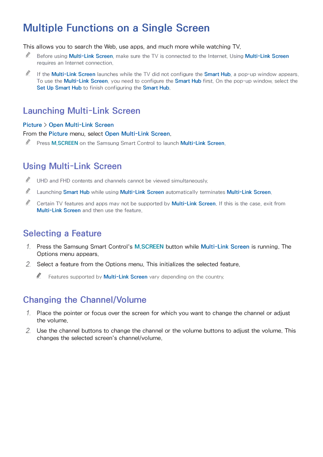 Samsung UA55HU8700RXUM manual Multiple Functions on a Single Screen, Launching Multi-Link Screen, Using Multi-Link Screen 