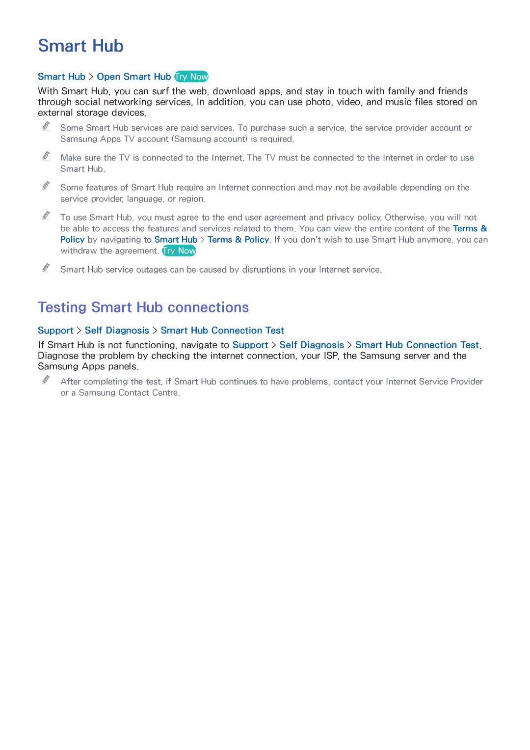 Samsung UA48HU8500RXEG, UA40HU7000RXSK, UA55HU7200RXSK Testing Smart Hub connections, Smart Hub Open Smart Hub Try Now 