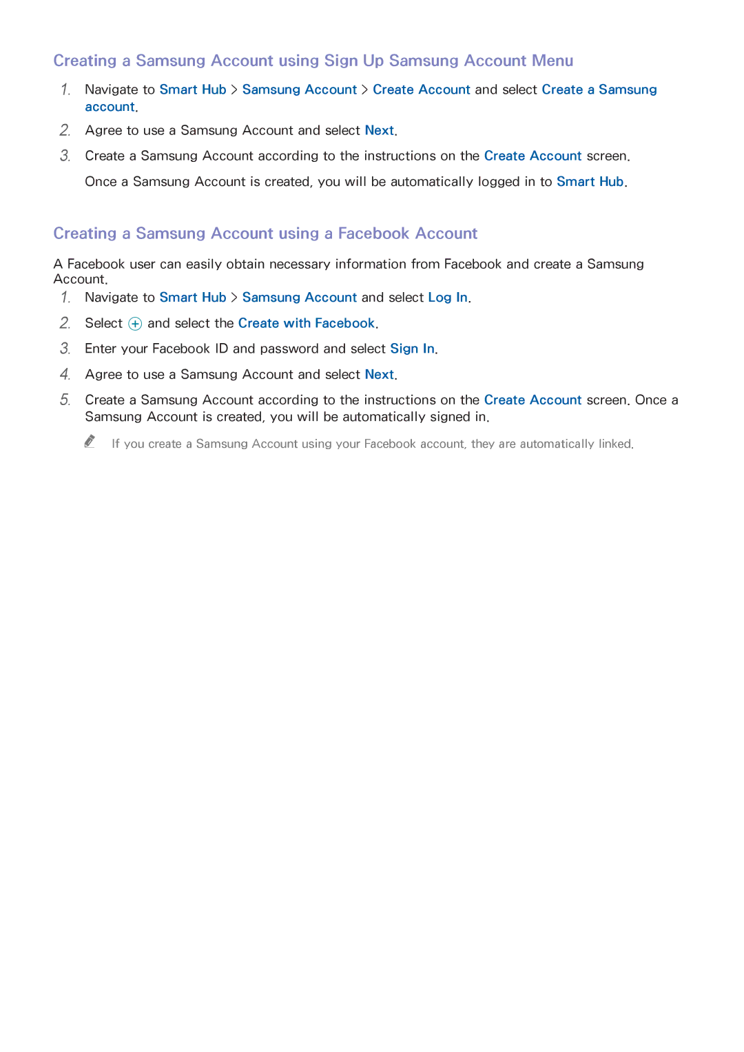 Samsung UA55HU7200RXEG, UA40HU7000RXSK, UA55HU7200RXSK, UA65HU7200RXSK Creating a Samsung Account using a Facebook Account 